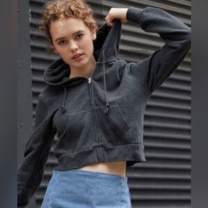 Brandy Melville - John Galt Dark Gray Cropped Long Sleeve Zip-Up Hoodie